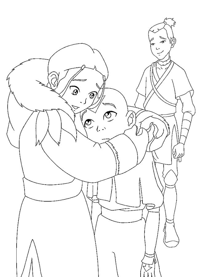 coloriage katara enlace aang sous le regard de sokka